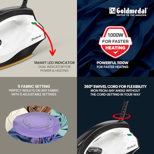 Image of Goldmedal Magna 1000W Dry Iron| Non-stick Weilburger Premium Double Coated Soleplate| 5 Fabric Setting |1.8 Meter Cord| 360 Swivel Cord| Thermal Fuse Safety| 2.5 Years Warranty| Light Weight (Black)