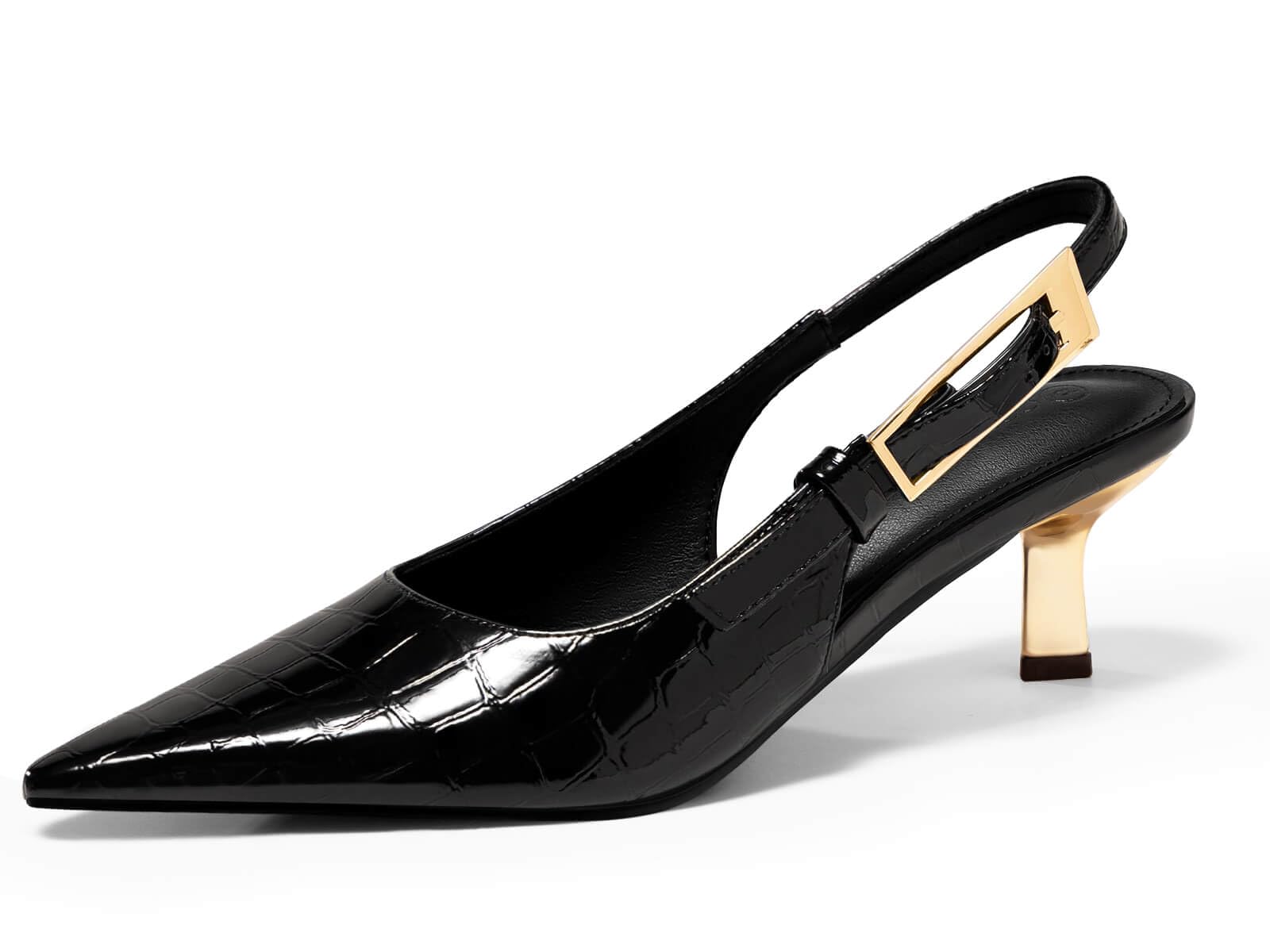 Photo 1 of Coutgo Womens Slingback Kitten Heels Closed Pointed Toe Pumps Buckle Strap Wedding Party Dress Shoes, Black Croc, Size 10