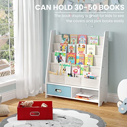 Image of SEIRIONE Sturdy Kids Bookshelf, 5-Tier Book Shelf for Kids Room, Nursery Room, Playroom Classroom, Deep Slings to Keep Books Upright, Ideal Height for Toddler Age 3+, White