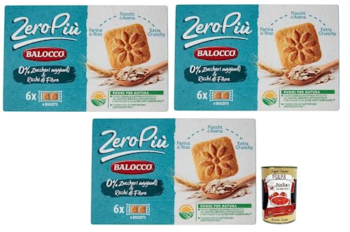 Balocco Zero Più Biscotti sin azúcar añadido, galletas con harina de arroz, avena y extra crujiente, paquete de 230 g + lata italiana Gourmet Polpa di Pomodoro de 400 g