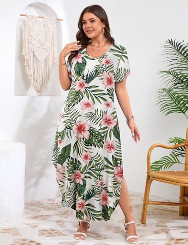 Image of JollieLovin Womens Plus Size Casual Summer Maxi Long Dress Short Sleeve T-Shirt Loose Sun Dress(L-5X)