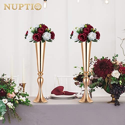 Image of NUPTIO Flower Wedding Centrepieces for Tables - 6 Pcs 9.5in Diameter Burgundy & White Artificial Flowers Rose Ball for Centerpieces Table - Fake Rose Arrangements for Weddings Birthday Party Decor