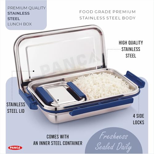 Image of PANCA Stainless Steel Lunch Box | Airtight Leakproof Tiffin for Office & School | Kitchen Accessories | 1400ml + 250ml Food Grade Steel with 4 Side Lock (Blue)
