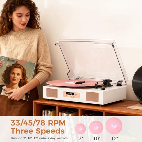 Image of Vinyl Record Player Bluetooth 3-Speed Turntable White & Rose Gold