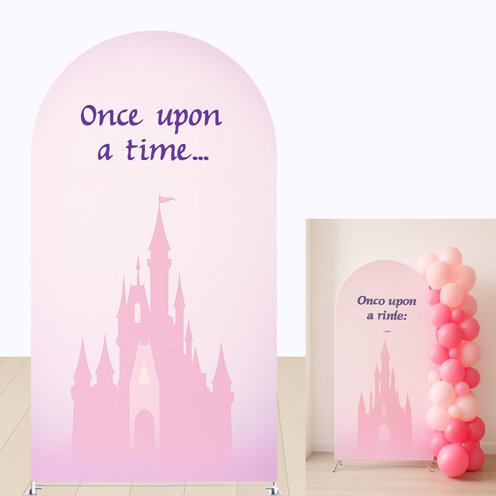 Photo 1 of [HEAVILY USED] Once Upon a Time Arch Backdrop for Baby Shower, Party Decor – Pink Castle Design with Fairytale Theme, Photography Background for Events (G4402,6FT)