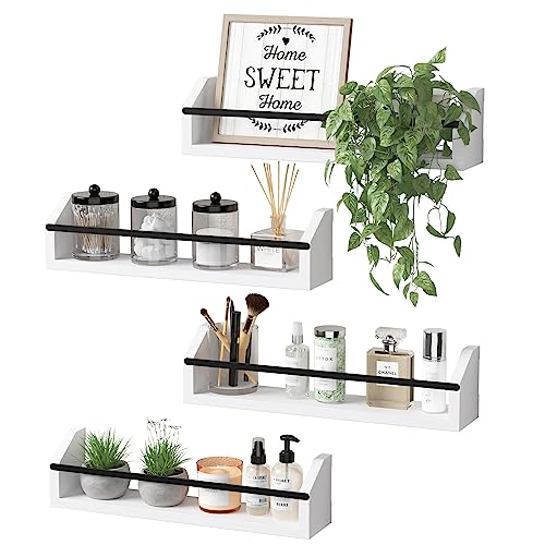 Image of WOPITUES Floating Shelves with Protective Metal Rail, Small Bathroom Shelves Set of 4, Spice Rack Wall Mount, Wood Shelves for Kitchen, Living Room, Bedroom, Nursery Book- Modern White