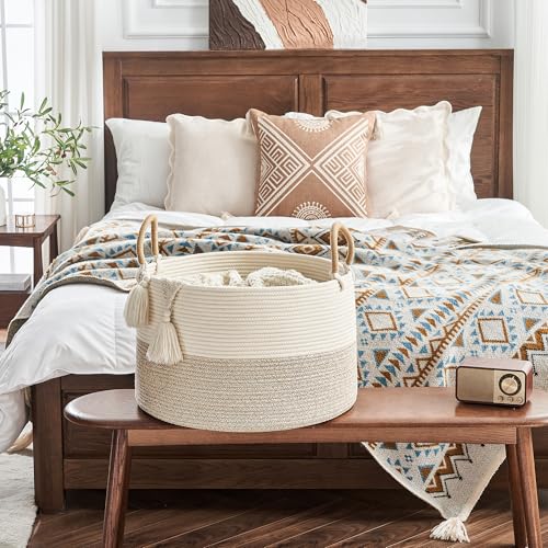 Image of KAKAMAY Large Blanket Basket 20 inchx13 inch, Cotton Rope Woven Laundry Storage Basket, Baskets for Toy,Stuffed Animal Storage, Dog,Toy Box, Gift Basket for Living Room Nursery Baby Hamper (Beige)