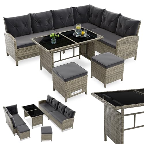 Juskys Salon de Jardin Lounge Manacor en polyrotin Gris moucheté - avec canapé, Table, 2 tabourets et Coussins - Ensemble de Meubles de Jardin jusqu'à 7 Personnes -...