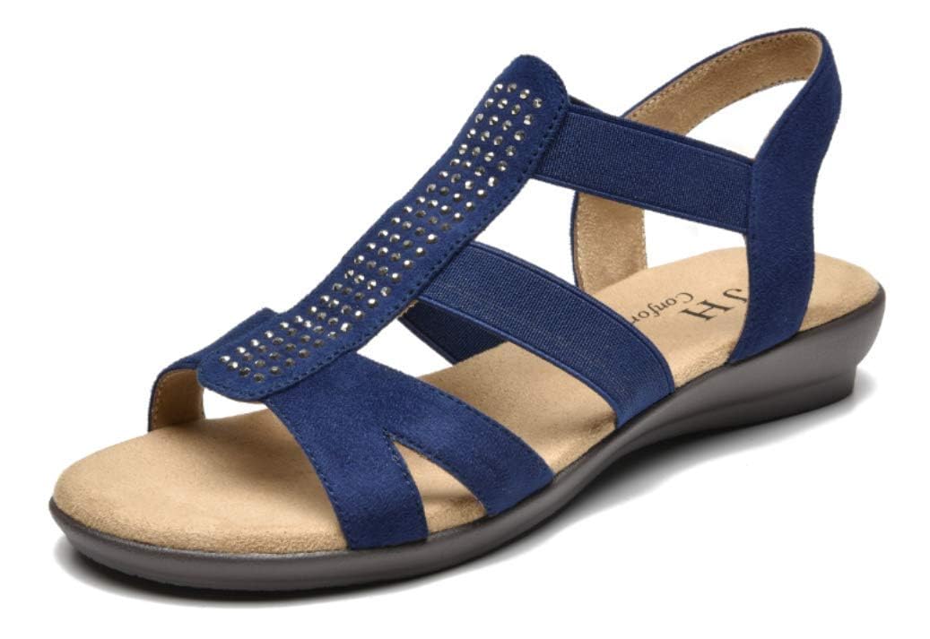 VJH confort Women's Comfort Flat Sandals Summer,with Rhinestone Open Toe Elastic Slip On Slingback Casual Walking Low Heele Sandals