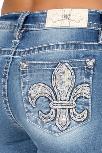 Miss Me Women's Mid-Rise Bootcut Jeans, Floral Pastel Fleur de Lis, Stretch Denim4