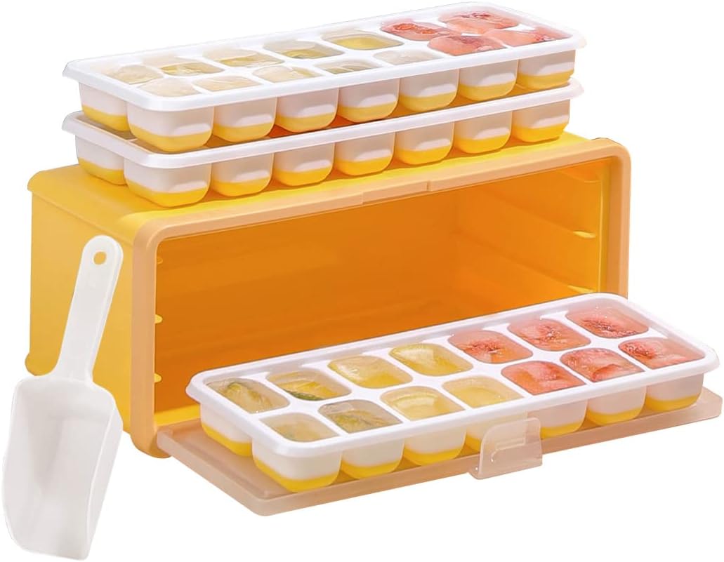 Ice Cube Tray with Lid and Bin [LFGB Certified BPA Free Ice Cube Maker& Container] 3 Pack Easy Release Silicone Ice Maker Mould for Freezer, Stackable Ice Cube Moulds with Storage Ice Bin and Scoop