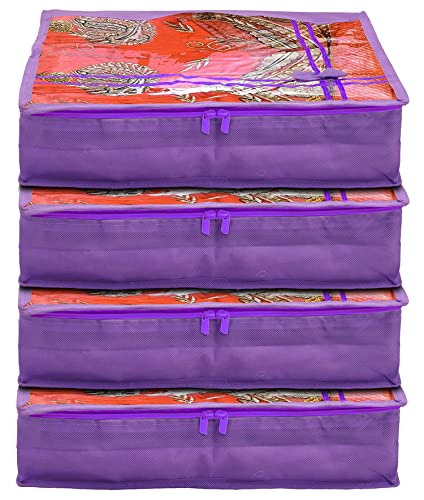 Kuber Industries Non-Woven Single Saree Cover With Tranasparent Top- Pack of 4 (Purple)-44KM0337