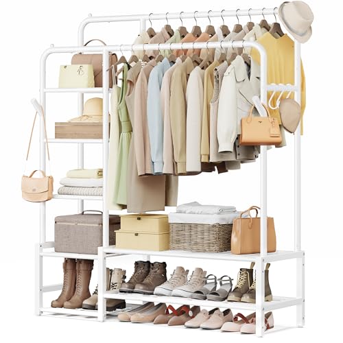 SONGMICS Clothes Rail Heavy Duty Clothes Rack with 7 Storage Shelves Double Hanging Rods Metal Coat Rack Open Wardrobe for Bedroom Living Room Hallway White HSR182WG01