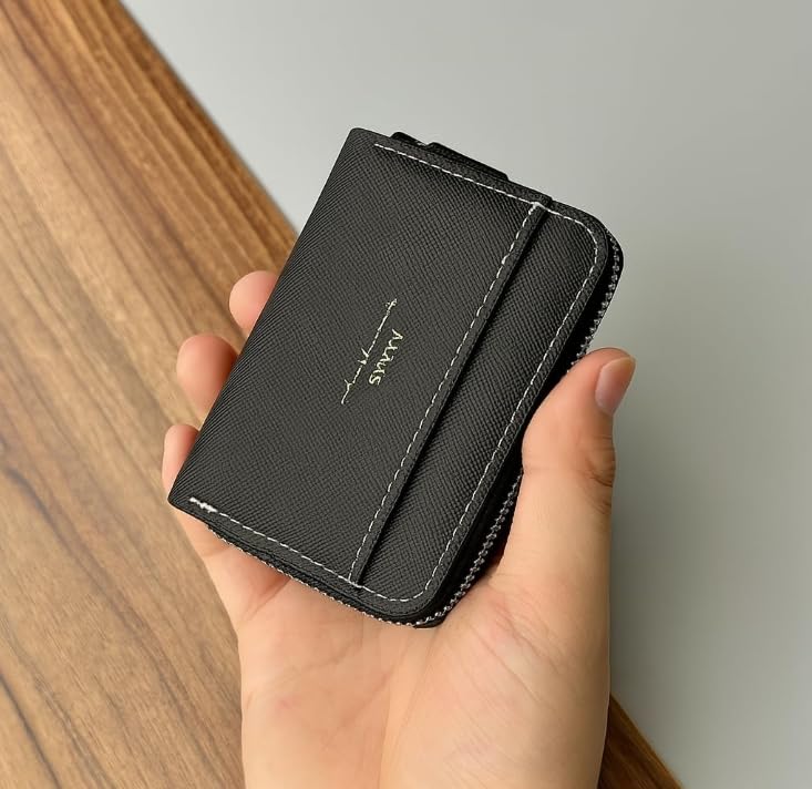 Minimalist Credit Card Holder Wallet – Slim Leather Zipper Coin Purse & Mini Card Protector (Black)