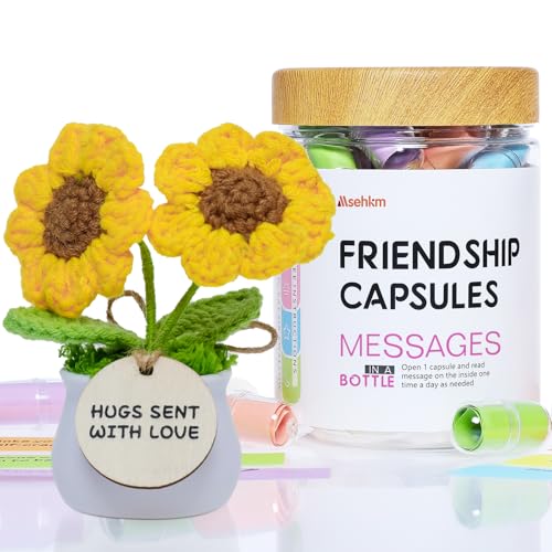 MSEHKM Friendship Messages in a Bottle Package for Your Bestfriend With Crochet Sunflower Pre-Written Capsule Letters in Plastic Jar for Men Women, BFF, Bestie, Friend Present, Just Friends