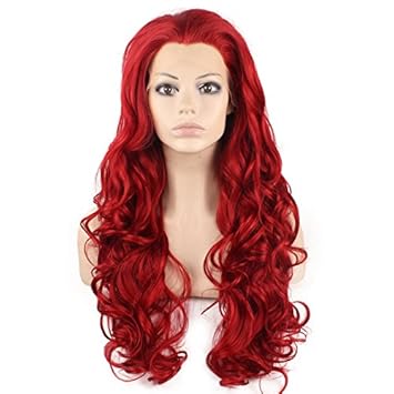Mxangel Long Wavy Celebrity Half Hand Tied Synthetic Lace Front Red Costume Party Wig