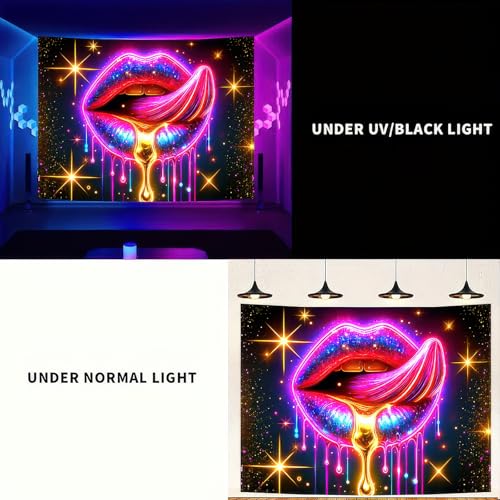 Image of BlissYard Lip Black light Tapestry Hanging Backdrop Glow in The Dark Poster Glitter Lips UV Tapestry for Bedroom Wall Decoration Living Room Artwork Home Room Party Backdrop Decor 78x59 Inch