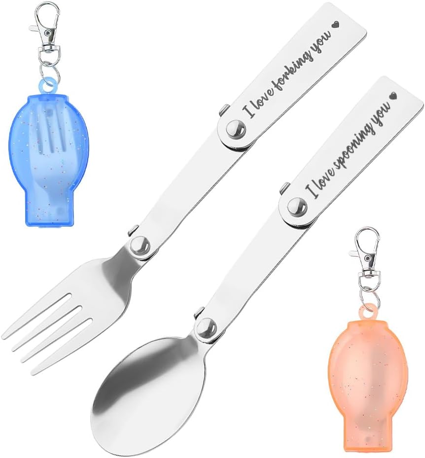 Foldable Spoon and Fork Set with Cases I Love Forking Sponning You Travel Cutlery Set Couple Anniversary Birthday Gifts for Wife Husband Travel Picnic Outdoors Camping Fork and Spoon Kit 2 PCS
