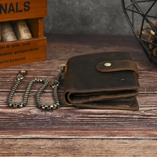 Oil Wax Genuine Leather Travel Gift Coin Pocket Card Case Vertical Chain Rfid Wallet Purse With Snap For Men Male 1804 (1804 Dark Brown)4