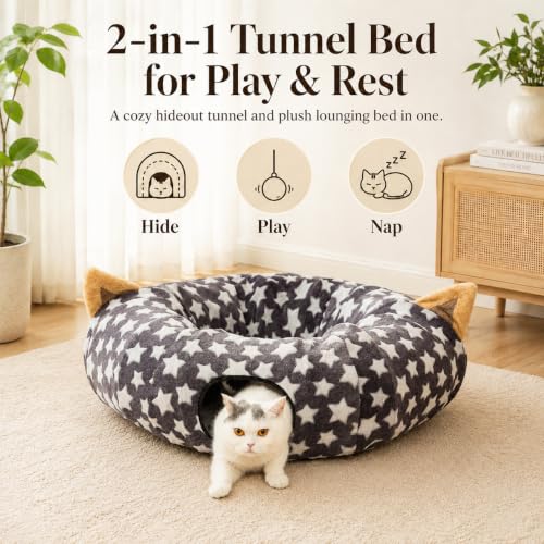 Image of Large Cat Tunnel Bed Under Christmas Tree with Fluffy Toy Balls, Small Cushion and Flexible Design- 10 inch Diameter, 3 ft Length- Great for Cats, and Small Dogs, Gray Star Pattern