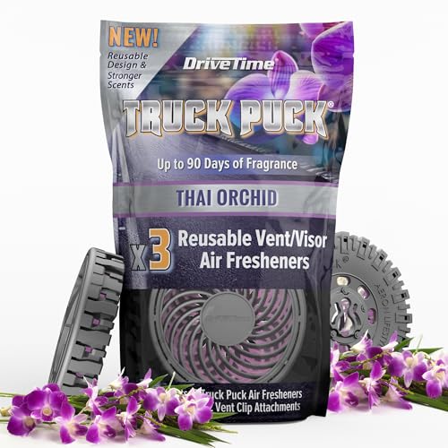 Image of Drive Time Truck Puck Thai Orchid Fragrancee Car Air Freshener - Long-Lasting Car Deodorizer, Refillable Vent & Visor Clip Auto Air Freshener for Car, Truck & SUV, Premium Fragrance, Pack of 3