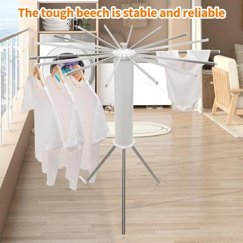 Image of Heavy-Duty Foldable Rotary Clothes Drying Rack Stand with 360 Rotating Arms - Portable Tripod Laundry Hanger Tower for Indoor & Outdoor Drying (16 Rods)
