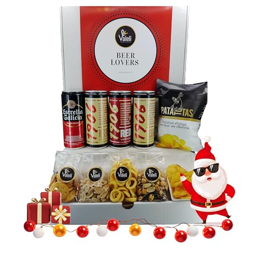 Valeli.Cesta Cervezas Estrella Galicia. Cesta gourmet regalo original con frutos secos y snacks. Regalo para él, ella, amigo, SAN VALENTÍN, cumpleaños, padre, enamorados (ESTRELLA GALICIA)