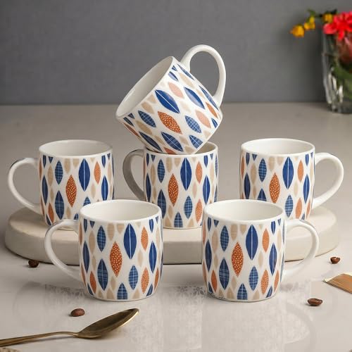 Image of UPC Coffee Mug Set of 6 | White Scandinavian Leaf Print | Blue & Orange Retro Oval Pattern | Bone China Tea & Coffee Cups | Microwave Safe | Home & Kitchen