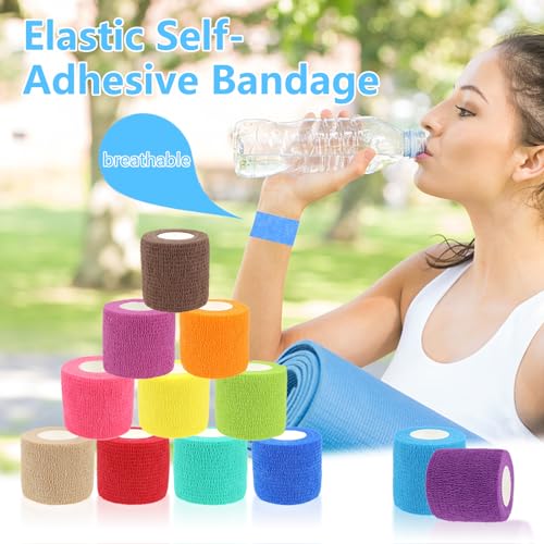 12 Rollen Selbstklebender Verband, 5cm x 5m Selbsthaftende Bandage für Erste Hilfe, Elastische Fixierbinde Cohesive Bandage Haftbandage für Hund/Katze/Füße/Fingerpflaster/Knöchelverstauchungen