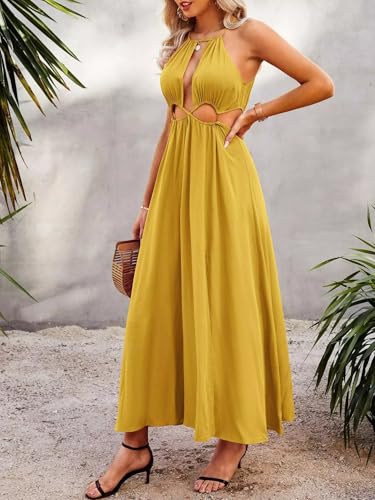 Image of Unybwonn Womens Summer Dress Spaghetti Strap Halter Sleeveless Sexy Cutout Boho Maxi Sundress Beach Vacation Dresses