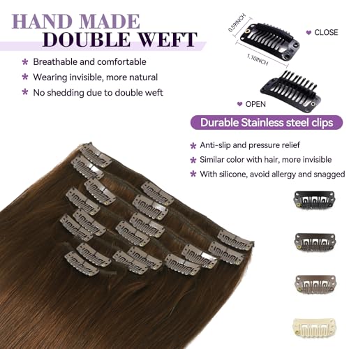 Image of Clip in Hair Extensions Real Human Hair 18 inch 100g /3.6oz Straight Seamless Invisible Human hair Extensions Clip ins for Women Double Weft 8pcs #4-Chocolate Brown
