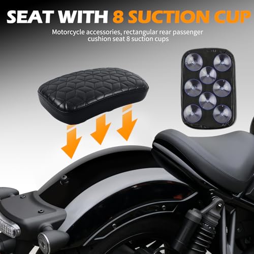 Image of DREAMIZER Universal Black Motorcycle Solo Passenger Seat Rear Cushion 8 Suction Cups Compatible with Harley Davidson Sportster XL 883 1200 Forty Eight Dyna Chopper Bobber Custom (Diamond-Breathable)