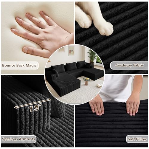 Image of 107 inch Modular Sectional Sleeper Sofa, Boneless Cloud Couch for Living Room, U Shaped 3 Seat Sofa with Deep Seat, Free Combination, Couch in a Box, No Assembly Required (Black)