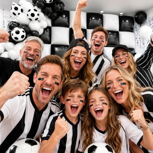 Image of 36pcs Black and White Square Foil Balloons Wall Backdrop with 114pcs Soccer Balloon Garland Arch Kit, Double Sided Balloons for World Soccer Boys Sports Theme Baby Shower Party Decorations Set
