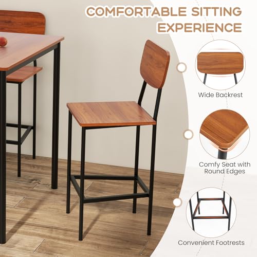 Image of Giantex 5-Piece Dining Table Set W /Counter Height Table & 4 Bar Stools, Industrial Kitchen Dining Table Set W /Footrest & Backrest, Space-Saving Dinette Set for Pub, Dining Room, Restaurant (Walnut)
