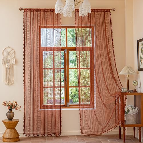 Image of MYSKY HOME Terracotta Boho Lace Sheer Curtains 72 inch Length 2 Panels Burnt Orange Floral Vintage Bohemian Crochet Geometry Curtains with Tassels for Bedroom Rod Pocket Home Decor, 55 inch Wide