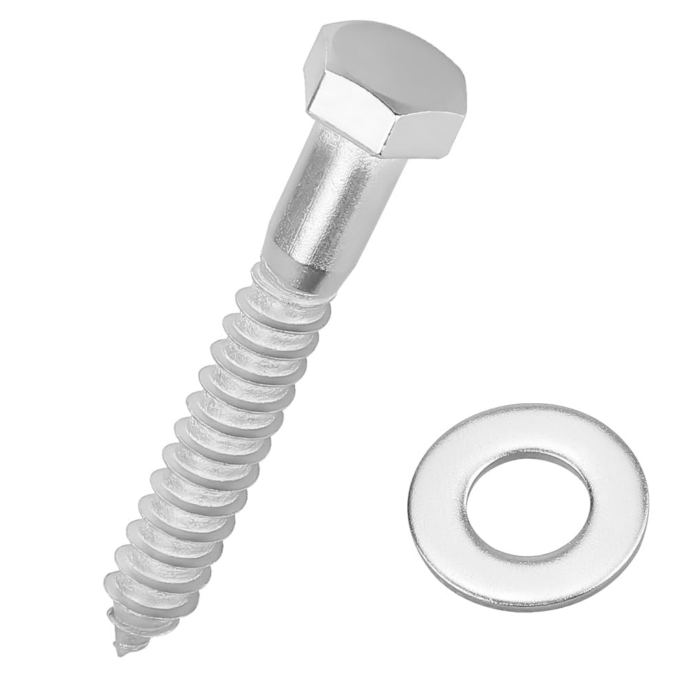 1/2 x 3-1/2" Hex Head Lag Screws Bolts with Flat Washers (8 Sets), 304 Stainless Steel 18/8, Partial Thread, Deck Screws, Heavy Duty Hex Head Wood Lag
