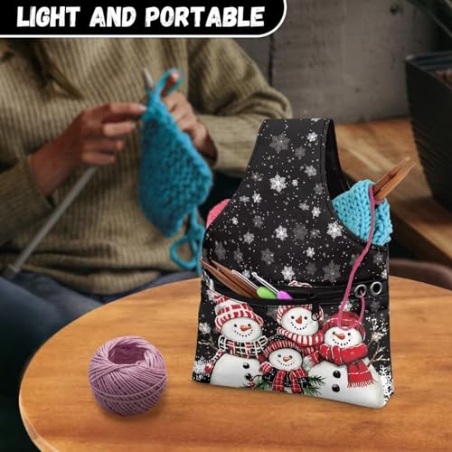 Image of KUIFORTI Snowman Snowflake Knitting Tote Bag Christmas Travel Knitting Yarn Storage Bag Organizer Lightweight for Holding Yarn Crochet Needles, Knitting and Crochet Supplies Soft