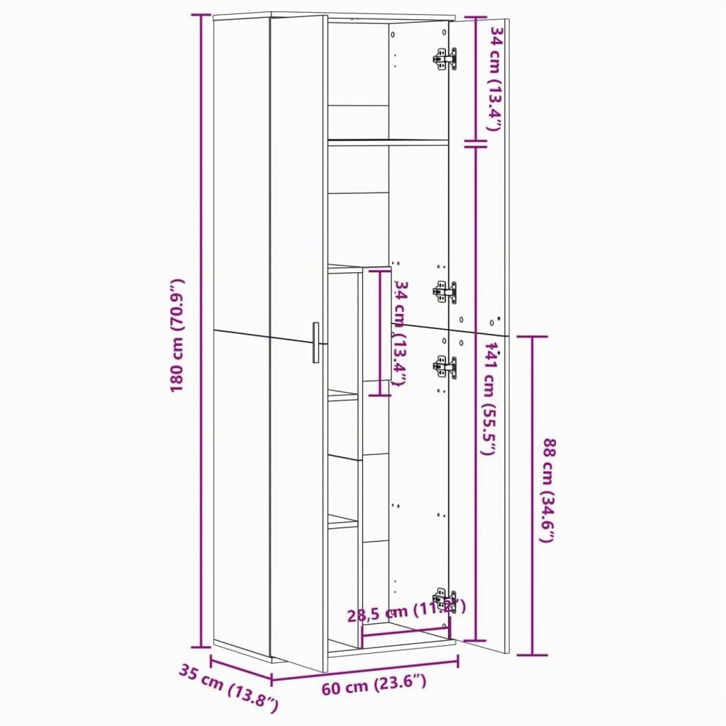 Armario Multiusos de 2 Puertas, Armario de Limpieza y Almacenaje, Madera de Ingeniería Roble Sonoma, 60x35x180 cm