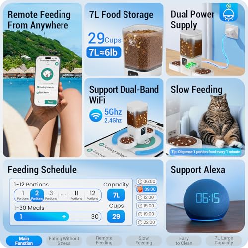 Automatic Cat Feeder with Slow Feed for 2 Cats: 5G WiFi Automatic Dog Feeder with 7L Large Food Storage, Cat Food Dispenser with Alexa for Multiple Pets, Detachable for Easy Cleaning -29 Cup - Image 3