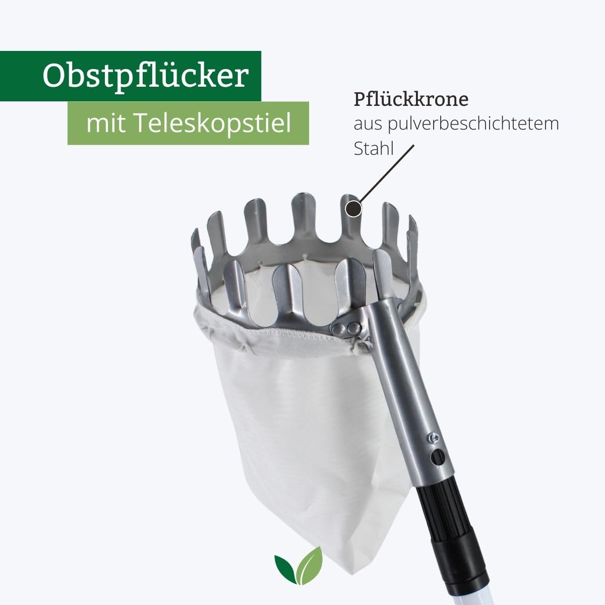 Rekord Obstpflücker mit Teleskopstiel (Stahl, mit Fangbeutel Ø 16 cm) Apfelpflücker, Birnenpflücker, Obstsammler, Obsternter, Erntehelfer, Pflückhilfe