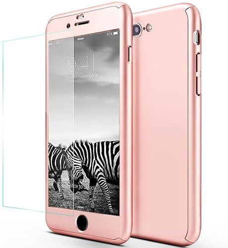 Full Body Slim Polycarbonate Shock Absorption Protective Case with Tempered Glass Screen Protector for iPhone 7 Plus, Rose Gold - 5.5 Inch