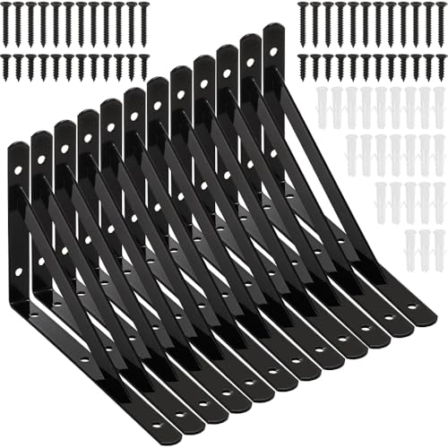 12-Piece Heavy Duty Shelf Brackets, Black Metal Floating Shelf Brackets, with Screws, Wall-Mounted 90-Degree Triangular Corner L-Shaped Brackets, Suitable for Garages, Homes, Offices