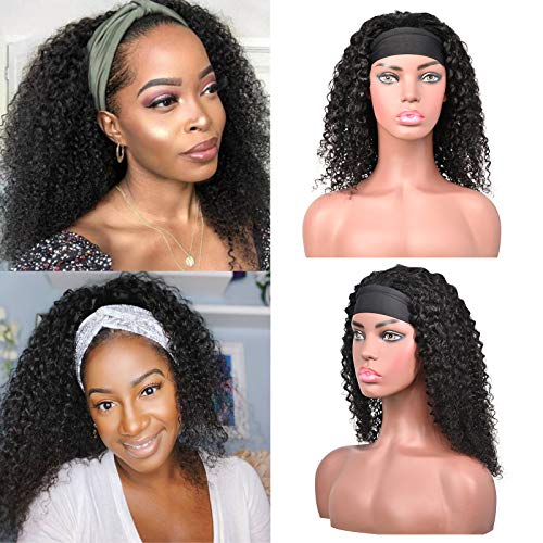 Curly Headband Wig Human Hair Black Wig with Headband Attached Afro Kinky Curly Human Hair Wigs for Women 16 Inch Natural Color Hair Wig Middle Long Shoulder Length Hair None Lace Front Wigs