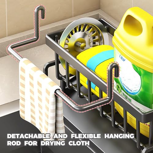JJIW Sink Caddy, Kitchen Sink Organiser with Hook (Punch-Free Installation), Kitchen Accessories - Stainless Steel Dishcloth Sponge Holder for Kitchen Storage & Organisation(Black) - Image 6