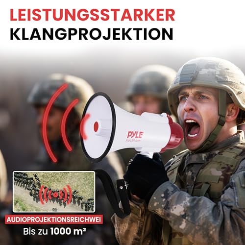 Pyle Megafon 30W mit Sirene & Mikrofon, Weiß Faltbares Megaphone für Kinder & Erwachsene, Lautsprecher für Fußball, Events, Notfälle
