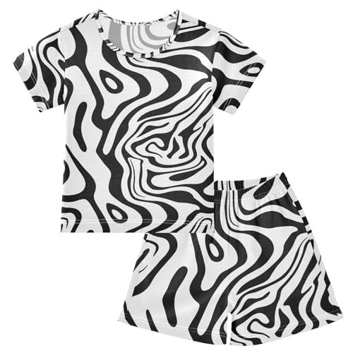 ALAZA Black White Zebra Print Striped Pajamas Set Short Sleeve Cotton Sleepwear Summer Pjs 2 Piece 5-14Y