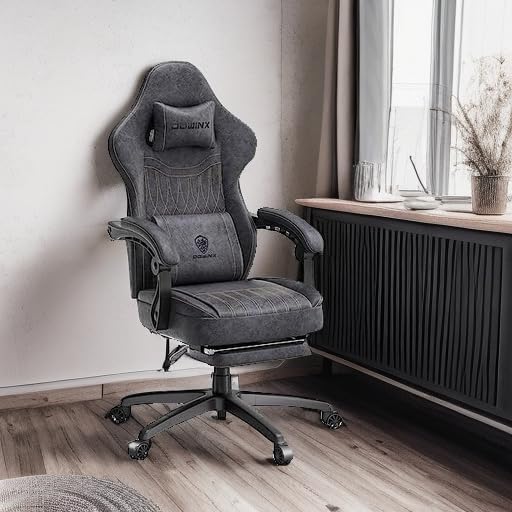 Miniatura 6 de Dowinx Silla de juegos transpirable de piel sintética con reposapiés, soporte lumbar de masaje, silla de computadora reclinable ergonómica grande y