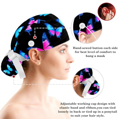 Image of Colored Butterflies Scrub Caps Women Ponytail, Adjustable Bouffant Surgical Caps with Button, Nurse Hats Long Hair