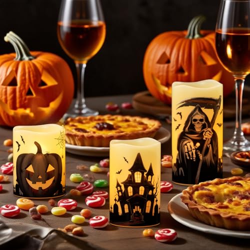 Image of Wondise Halloween Flameless Flickering Candles with 6 Hour Timer, Battery Operated Real Wax Halloween Candles Set of 3 Halloween Decoration Grim Reaper, Haunted House, Pumpkin (3 x 4 5 6 Inch)